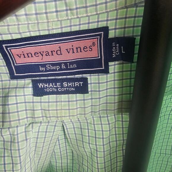 Vineyard Vines Green Check Whale Shirt L 100% Cotton Button Up Performance - Picture 3 of 4